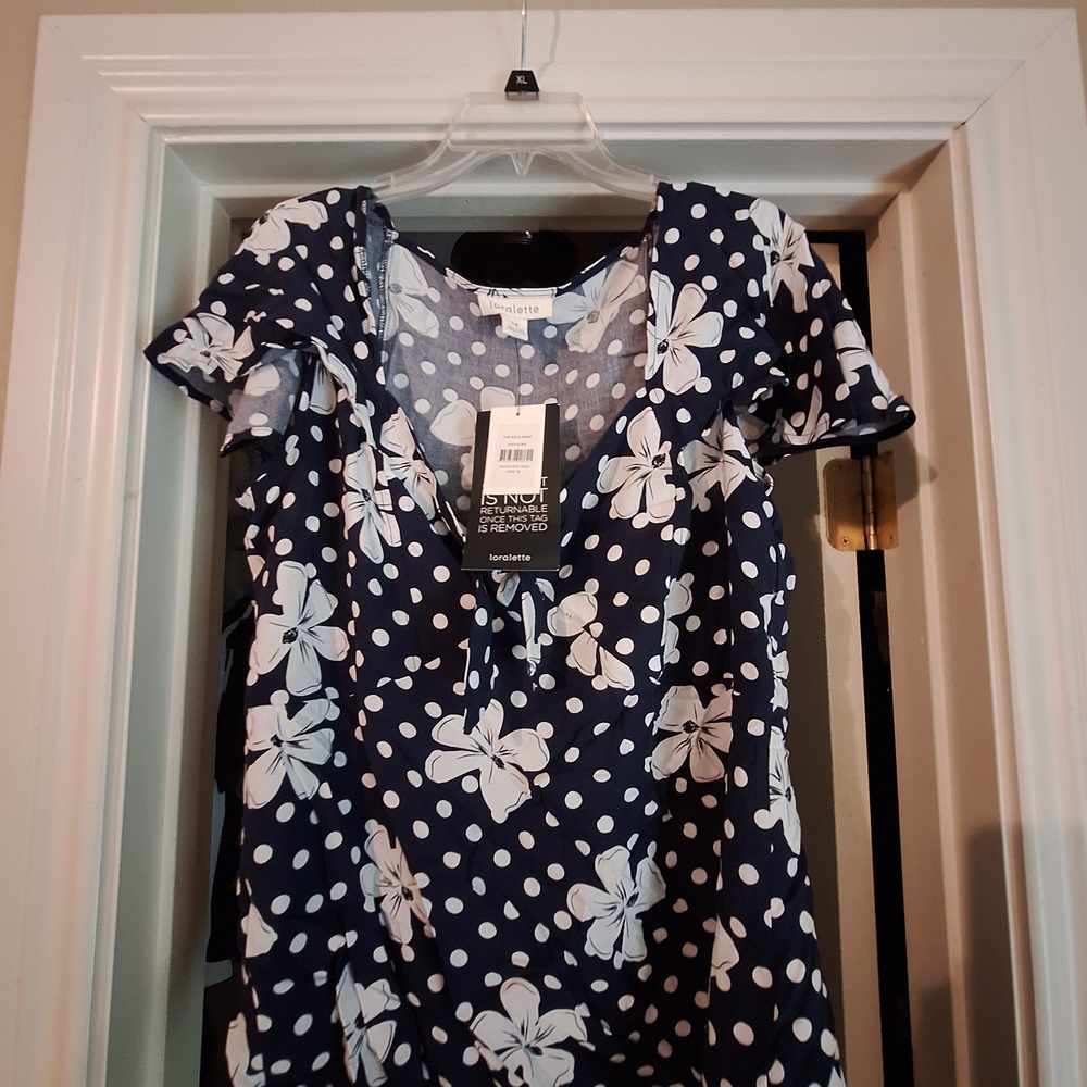 Loralette Blue and White Ruffled Cap Sleeve Blouse